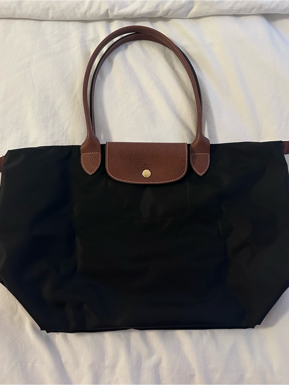 Longchamp Le Pliage Large Black Tote with Brown Trim